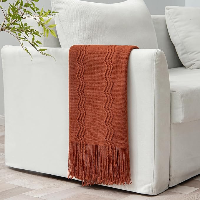 MIULEE Fall Rust Knitted Throw Blanket for Couch Terracotta Boho Textured Cozy Woven Rustic Blanket with Tassels for Sofa Chair Bed Living Room Farmhouse Decor Acrylic Wave Pattern 50"x60"