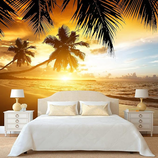 WFBHUA-Tropical Beach Wallpaper Dusk Waves Palm Tree Leaf Coconut Tree Wall Mural for Living Room Bedroom (Not Peel and Stick)