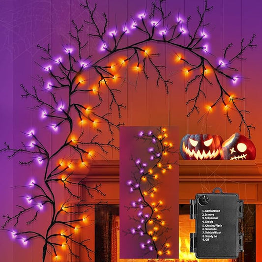 [8 Modes & Timer] Halloween Decorations Willow Vine Twig Garland, 6 FT 54LED Willow Vine Twig Lights Orange Purple LED Lights for Indoor Wall Fireplace Halloween Decorations