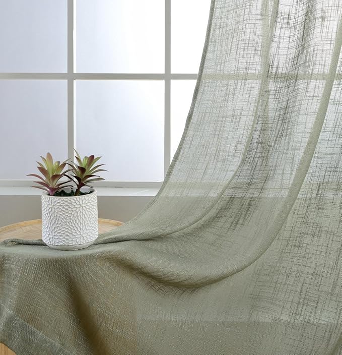 MIUCO Semi Sheer Curtains Poly Linen Textured Solid Grommet Curtains 63 Inches Long for Kitchen 2 Panels (2 x 37 Wide x 63" Long) Sage