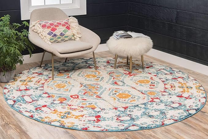 Unique Loom Rosso Collection Vintage, Geometric, Bohemian, Traditional, Distressed, Southwestern Area Rug, Round 4' 0" x 4' 0", Multi/Ivory