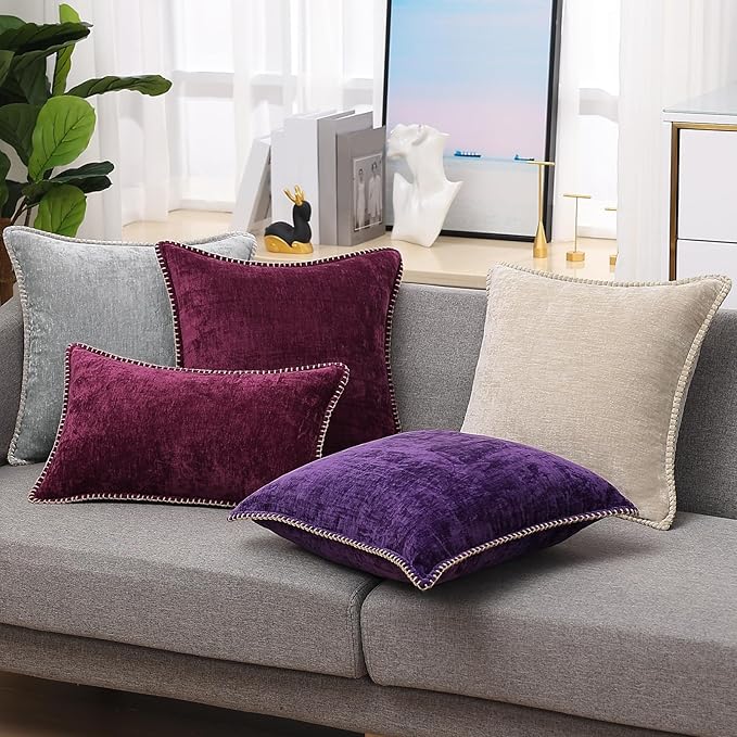 decorUhome Chenille Soft Throw Pillow Covers 20x20 Set of 2, Farmhouse Velvet Neutral Decorative Euro Pillow Covers with Stitched Edge for Couch Sofa Bed Home Decor, Rhododendron