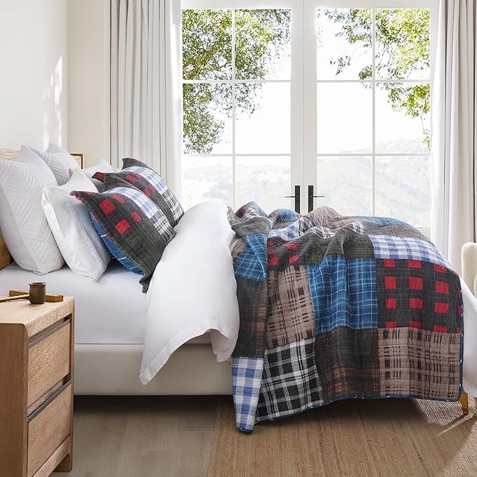 NEWLAKE Quilt Set King Size, Cotton Patchwork Blue Black Checkered Patterns Quilt Sets, Reversible Bedspread Lightweight and Breathable for All Seasons, Soft Quilted Bedspread with 2 Pillow Shams