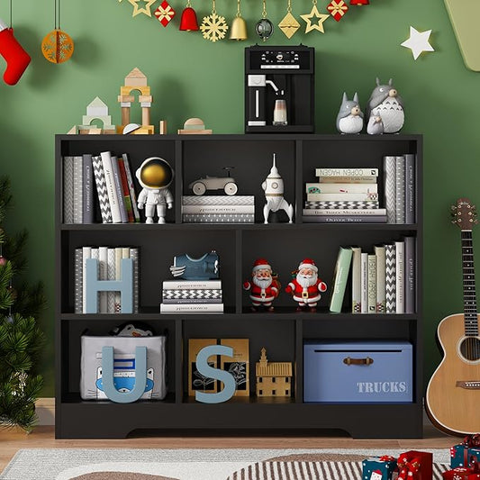 Book Shelf, 8 Cubes Storage Organizer, 3-Tier Open Shelf Wooden Bookcase, Freestanding Black Bookshelf Cube Shelf for Bedroom, Living Room, Home Office