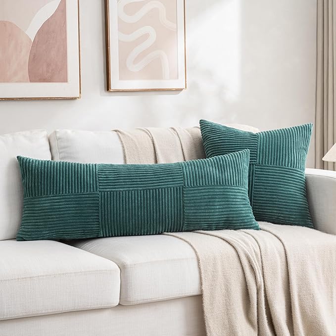 Fancy Homi Set of 2 Teal Boho Long Lumbar Body Decorative Throw Pillow Cover 14x36 Inch for Bed Couch Bedroom Bench, Soft Patchwork Corduroy Textured Pillow Case, Rustic Farmhouse Room Décor