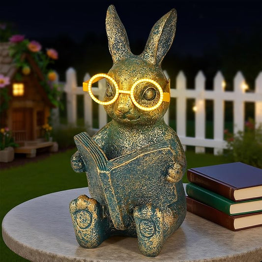 Solar Garden Decor, Adorable Rabbit Statue with Solar-Powered Glasses, Outdoor Decoration Lights for Patio, Yard & Balcony, for Kids, Mom & Grandma