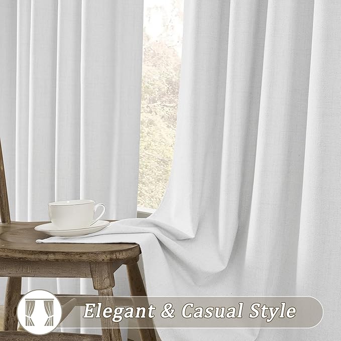 RAIN CITY Snow White Blackout Curtains (50 x 92-inch Long) Modern Rustic Linen Pinch Pleated Drapes for Living Room with Hooks Textured Curtains for Patio Door Playroom 2 Panels