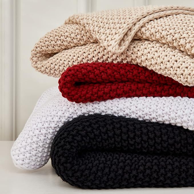 Chunky Cable Knit Throw Blanket Lightweight White 100% Organic Cotton Blanket for Sofa Couch Bed Baby Nursery, Rustic Shabby Chic Modern Farmhouse, Pure White 51” x 63” Give Laundering Bag