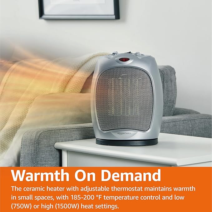 Amazon Basics Oscillating Ceramic Space Heater, Portable Indoor Heating Solution, With Overheat and Tip-Over Protection, Thermostat, 1500W, 7.52"D x 6.34"W x 9.45"H, Silver