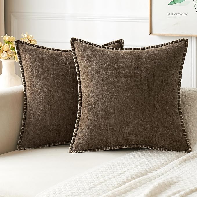 MIULEE Pack of 2 Couch Throw Pillow Covers 24x24 Inch Brown Farmhouse Decorative Pillow Covers with Stitched Edge Soft Chenille Solid Dyed Spring Pillow Covers for Sofa Bed Living Room