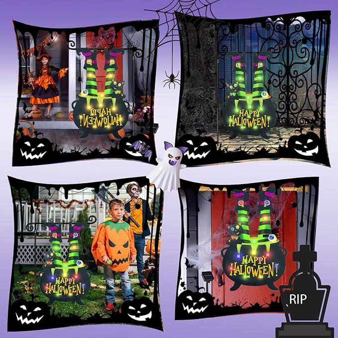 Halloween Lighted Garden Flag for Outside, Witch Feet Shape Flag Yard Decor, 8 Modes Double Sided Cauldron Eyeball Black Cat Outdoor Hlloween Decorations for Home Porch (Green-28x40)