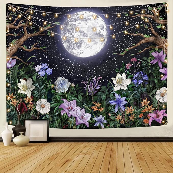 Neasow Aesthetic Moon Garden Tapestry Wall Hanging, Night Landscape with Colorful Plants Floral Tapestries for Bedroom Home Decor Multi Color 50×60 inch (130cm×150cm)