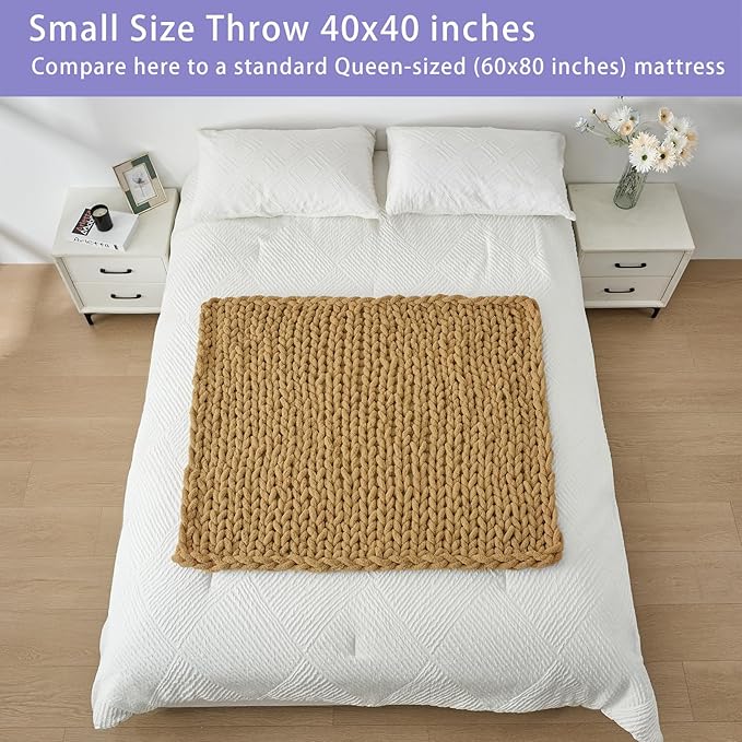 Bigacogo Chunky Knit Throw Blanket for Couch, 40x40 inches, 100% Hand Knitted with Thick Jumbo Chenille Yarn, Cozy Soft Large Rope Knot Cable Crochet Blankets for Sofa Bed Living Room, Goldenrod
