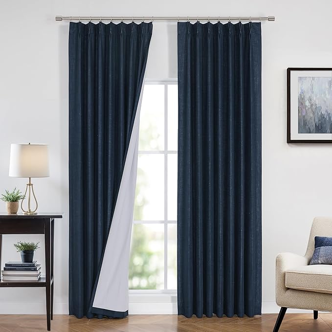 Vision Home Navy Blue Pinch Pleated Full Blackout Curtains Linen Blended Room Darkening Curtain Panels 112 inch for Living Room Bedroom Thermal Insulated Pinch Pleat Drapes with Hooks 40" Wx112 Lx2