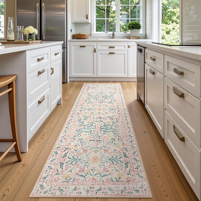 Wonnitar Floral Washable Runner Rug, 2'6"x8' Runners for Hallways Pink Rugs for Entryway Bedroom, Boho Non Slip Soft 8ft Long Carpet for Kitchen Bathroom Laundry