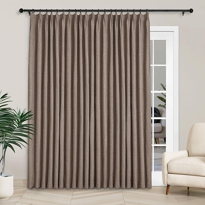 Macochico 120”Wx102”L 100% Blackout Linen Curtains Pinch Pleated Thermal Panels for Sliding Door Bedroom Living Room Farmhouse Shabby Chic Light Brown Burlap Curtains with Tieback 1 Panel
