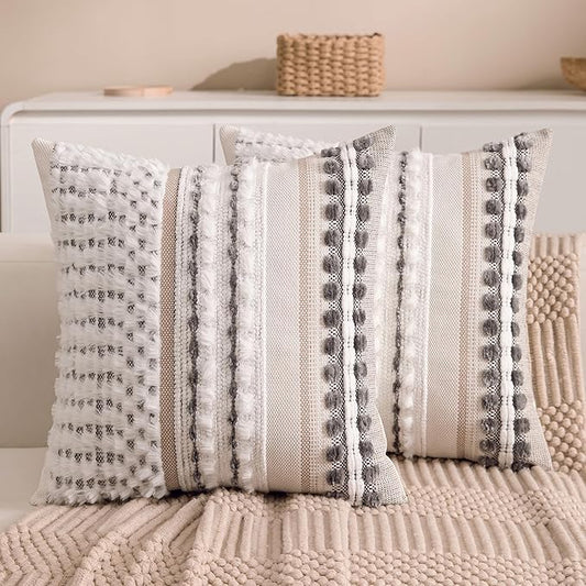 Boho Chenille Tufted Couch Throw Pillow Covers 18x18 Inch Set of 2 Farmhouse Striped Decorative Pillow Covers Accent Neutral Square Pillowcase Grey Cushion Covers for Livingroom Sofa Bed