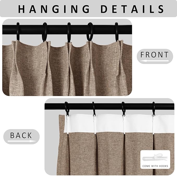 Macochico 100% Blackout Taupe Linen Curtains 84 Inches Long Pinch Pleated Burlap Curtains for Bedroom Living Room Farmhouse Nursery Thermal Window Panels with Tieback 72”Wx84”L 1 Panel