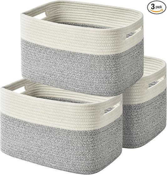 Woven Storage Baskets - Cotton Rope Organizers for Books, Towels, Toys or Bins - 3 Pack, Grey