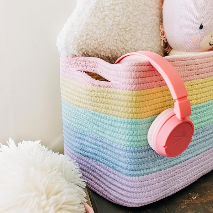 OrganiHaus Rainbow Woven Storage Baskets for Organizing, Cotton Rope Organizer Bins for Shelves, Closet & Nursery, Dog Toy Basket, Decorative Bins for Toys, Towels & Books - 15x10x9