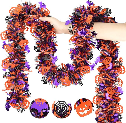 Halloween Tinsel Garland Decorations, 36.75 Ft Shiny Metallic Halloween Hanging Decorations with Pumpkin Bat Spider Web, Purple and Orange Tinsel Garland for Outdoor Indoor Home Tree Party Decor