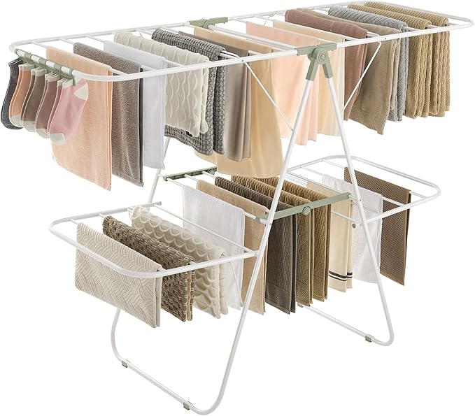 SONGMICS Clothes Drying Rack, Foldable 2-Level Laundry Drying Rack, Free-Standing Laundry Airer, with Height-Adjustable Wings, 33 Drying Rails, Sock Clips, White and Green ULLR053C01V1