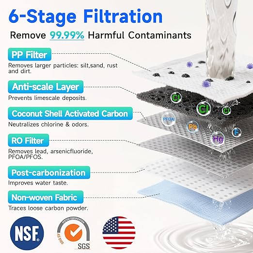 Ecoviva Countertop Reverse Osmosis Water Filter, 6 Stage RO Water Filtration System with Glass Carafe, TDS Displayr, 3:1 Pure to Drain, Portable No Installation Water Purifier Black