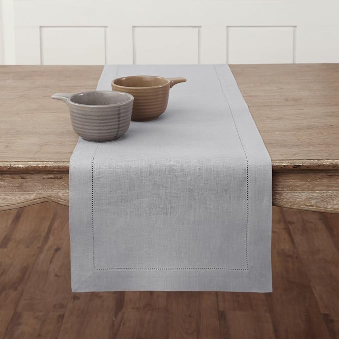 Solino Home Linen Soft Grey Table Runner 108 Inches Long - 100% Pure Linen 14 x 108 Inch Table Runner for Fall, Autumn, Thanksgiving - Classic Hemstitch