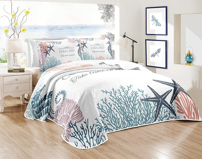 Coastal Bedding King Size 2 Shams, Nautical Beach Comforter Sets Ocean Bedspreads Coastal Coverlet Summer Bedding, 96''x106''