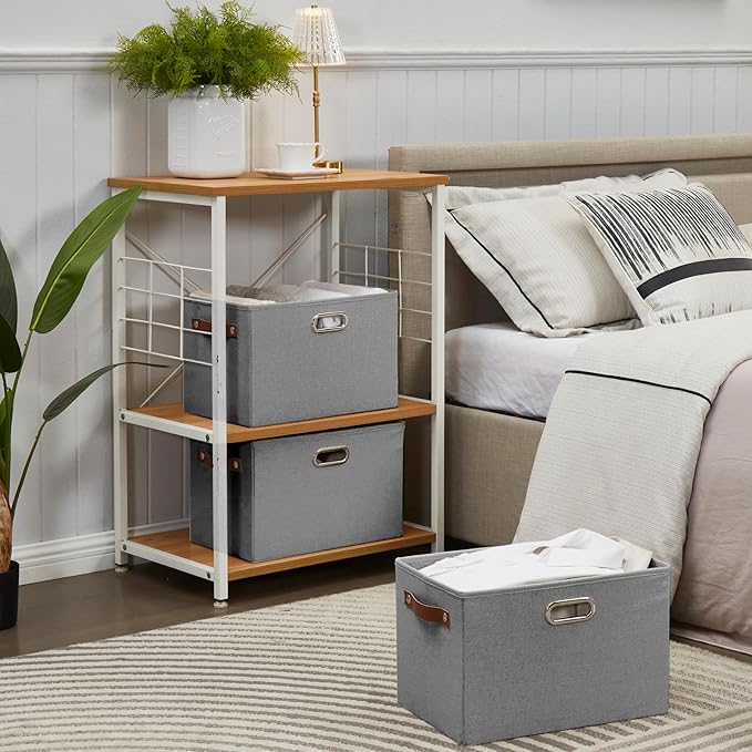 Large 3-Pack Foldable Fabric Storage Bins with Durable PU & Metal Handles, Collapsible Storage Baskets for Shelves, Home Storage, Closet Organizers, Living Room(14.9"x9.8"x9.8", Grey)