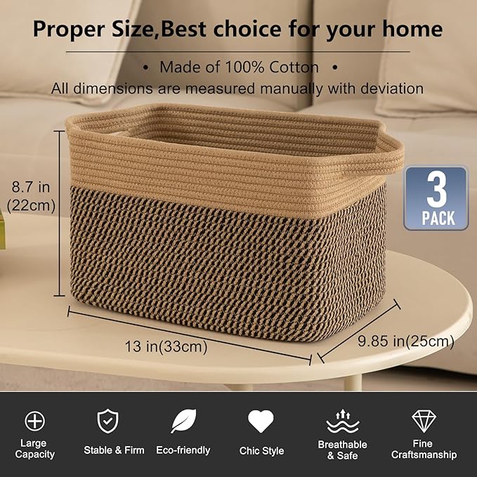 OIAHOMY 3 Pack Storage Basket for Organizing, 13''X9.85''X8.7'' Storage Bins,Woven Basket Basket with Handles, Toy Storage Basket Bin,Stylish Room Decor Basket, Yellow & Black