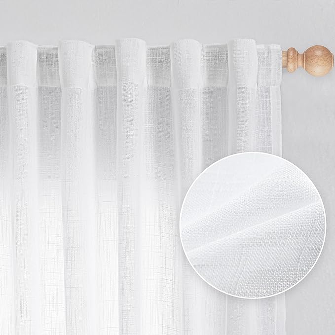 MYSKY HOME Patio White Curtains for Sliding Door, Living Room Curtains & Drapes Soft Cotton Farmhouse Window Treatments 90 inch Length 2 Panels Set Linen Look Semi Sheer Draperies, 50" W x 90" L