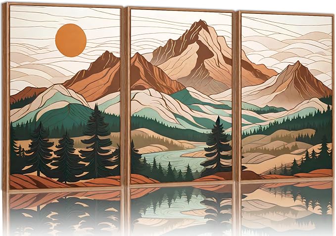 Tinonedraw Mountain Framed Canvas Wall Art Set of 3, Sunrise Forest Woodland Landscape Art Prints, Boho Coloful Ridge Scenery Wall Decor, Wood Pine Wilderness Art Paintings for Living Room Bedroom, Office 16"x24"