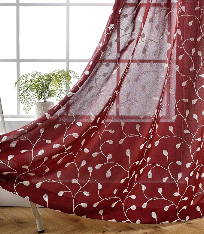 MIUCO Floral Embroidery Semi Sheer Curtain Panels Faux Linen Grommet Curtains for Kids Room 52 x 95 Inch 2 Panels, Burgundy