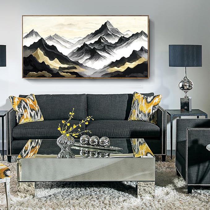 amatop Framed Extra Large Wall Art for Office Abstract Mountain Motivational Canvas Print Black and White Landscape Picture Zen Nature Giant Artwork for Contemporary Living Room Bedroom Decor 58x29 Inch