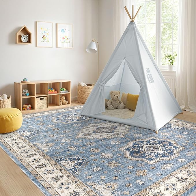 Washable Area Rugs for Living Room - 6x9 Neutral Vintage Distressed Floral Farmhouse Boho Large Soft Floor Rug Indoor Non Slip Carpet for Living Room Bedroom Dining Room Office - Blue