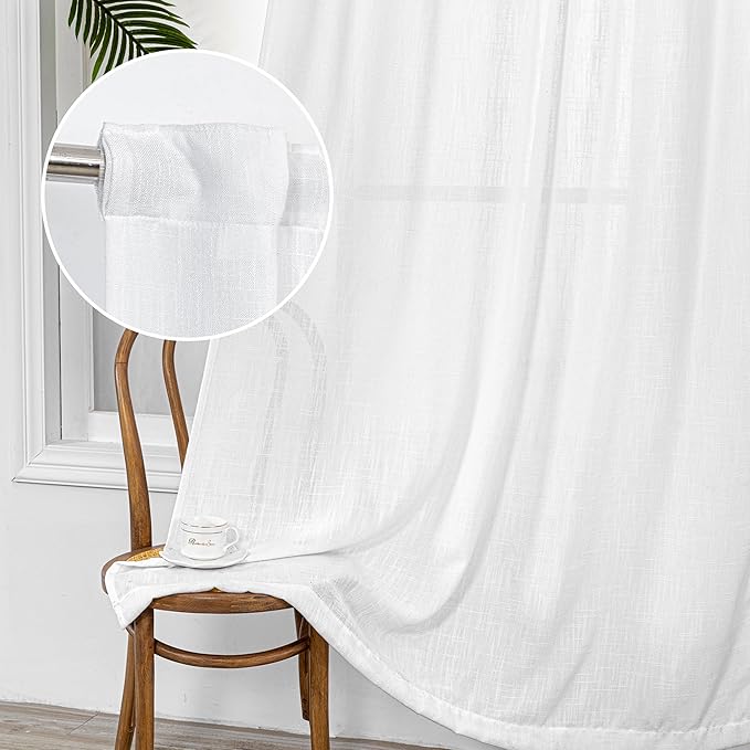 MYSKY HOME White Sheer Curtains 63 inch length Light Filtering Semi Sheer Curtains for Bedroom Short Window Treatment Privacy Protect Drapes Set, Back Tab Boho Farmhouse Linen Soft, 50" Wide, 2 Panels