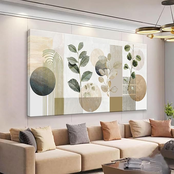 TAIJXAGSG Large Boho Green Wall Art For Living Room 29x58 In Green Botanical Boho Wall Art Modern Sage Bohemian Canvas Art Wall Decor Natural Abstract Geometry Lines Prints Picture Ready To Hang