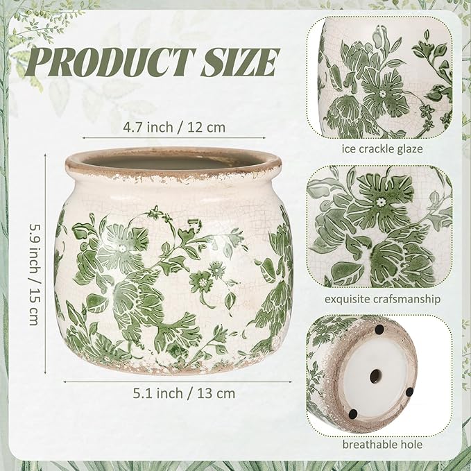 Vintage Planter Large Ceramic Plants Pot Beige Green Vintage Floral Ice Crack Cottage Scroll Vase Flower Vase Pot Indoor Plants Home Kitchen Decor Farmhouse Antique Decorative Gifts