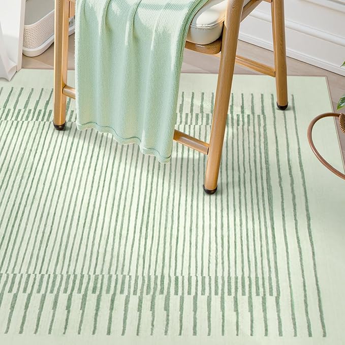 Wonnitar Washable Striped 5x7 Living Room Area Rug, Non-Slip Green Berber Stripe Rugs for Bedroom, Low Pile Soft Minimalist Floor Carpets for Kids Nursery Room Dining Room (Green,5' x 7')