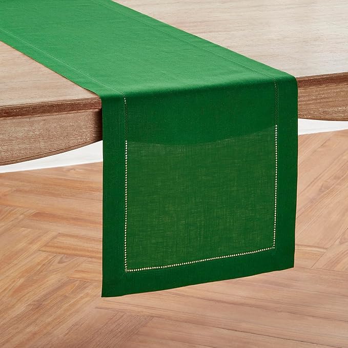 Solino Home Linen Table Runner 36 Inches - 100% Pure Linen Garden Green Hemstitch Table Runner 14 x 36 Inch Ideal for Dresser and Coffee Tables - Classic Hemstitch