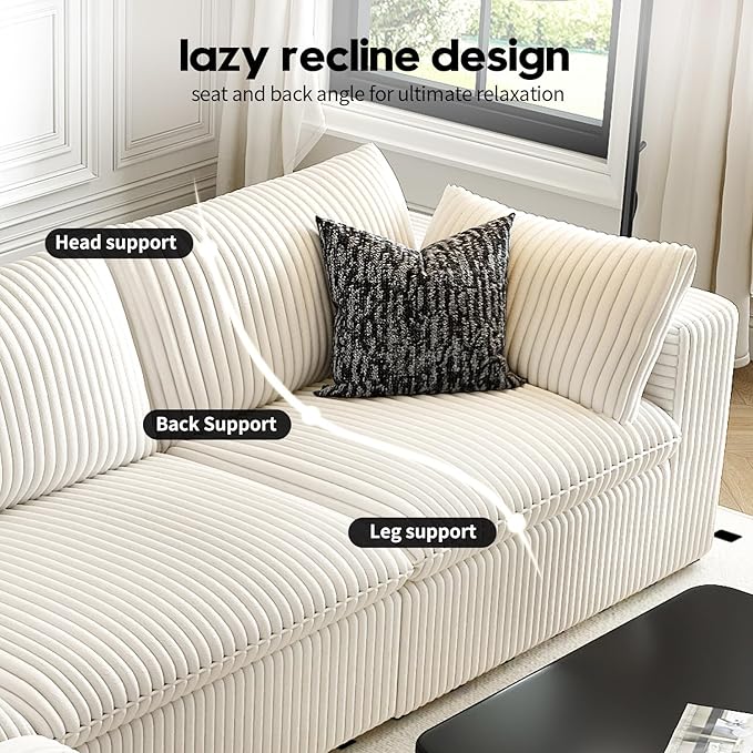 LoveSeat Cloud Couch Modular Sectional Sofa for Living Room,Modern Sofa with Deep Seat，2 Seater Boneless Couch with Ottoman,Comfy Upholstered Couches for Apartment, Studio, Office,Bedroom，White