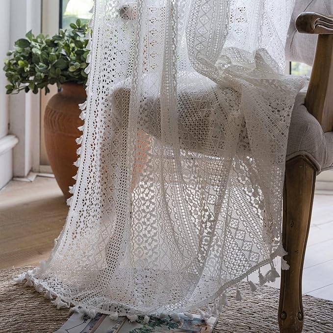 Sutuo Home Boho Curtains Crochet Lace Sheer Bohemian Stylish with Tassels, Window Treatment Privacy Vintage Rustic Farmhouse Drapes for Bedroom, Rod Pocket 1 Panel 59" W x 102" L, White