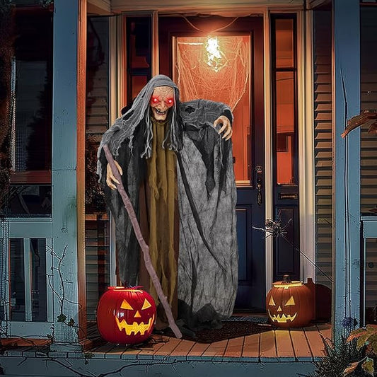 AW Animated Halloween Decorations,Scary Witch with Crutch,5.3FT Life Size Standing Clown,Motion/Sound Activated LED Eyes Creepy Sound,Haunted House Props Party Outdoor Indoor Lawn Yard Patio 2025