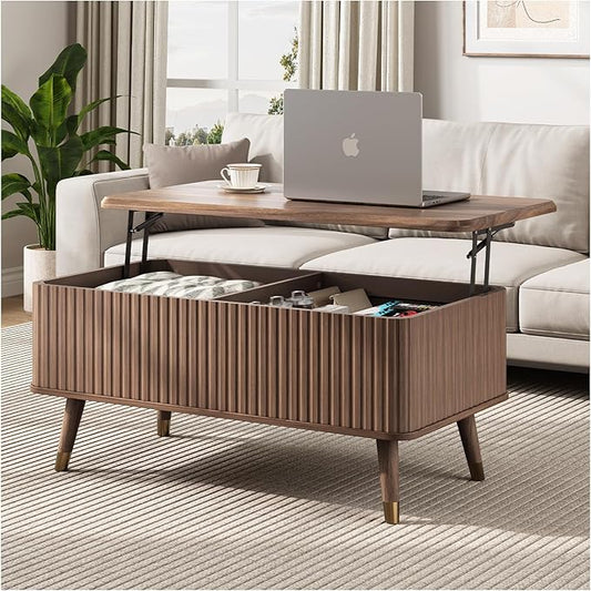 Lift Top Coffee Table with Storage,Mid Century Modern Coffee Table,Fluted Wood Rectangle Center Table for Living Room,Home Office,Walnut