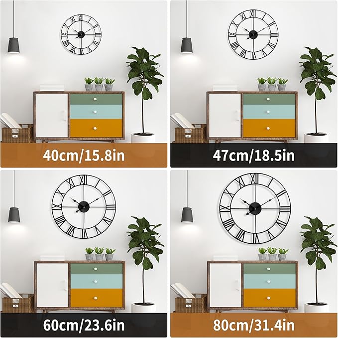 Large Wall Clock for Living Room Decor - 60cm/ 24 Inches Silent Non-Ticking Metal Wall Clocks Battery Operated, Vintage Decorative Modern Wall Clock for Bedroom, Office, Farmhouse Decor