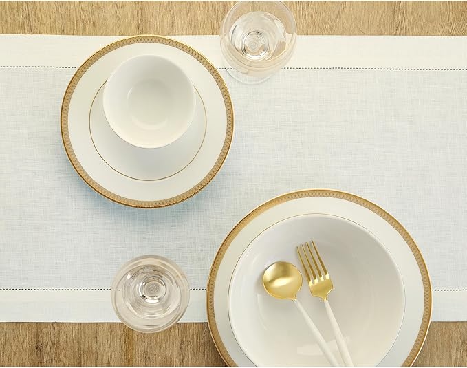 Solino Home Linen Ivory Table Runner 90 Inches Long - 100% Pure Linen Hemstitch 14 x 90 Inch Table Runner for Dining, Fall, Autumn, Thanksgiving - Classic Hemstitch