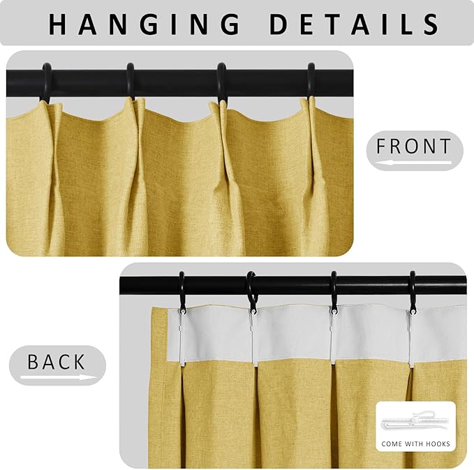 Macochico 52”Wx96”L 100% Blackout Curtains for Bedroom Living Room Nursery Yellow Pinch Pleated Linen Curtains Farmhouse Burlap Drapes Thermal Window Panels with Hooks and Tieback 1 Panel
