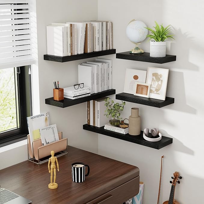24 Inch Floating Shelves, 8 Inch Deep Floating Shelves for Wall, Hanging Shelf with Invisible Brackets, Deep Shelves for Bathroom, Bedroom, Living Room, Black, Set of 2