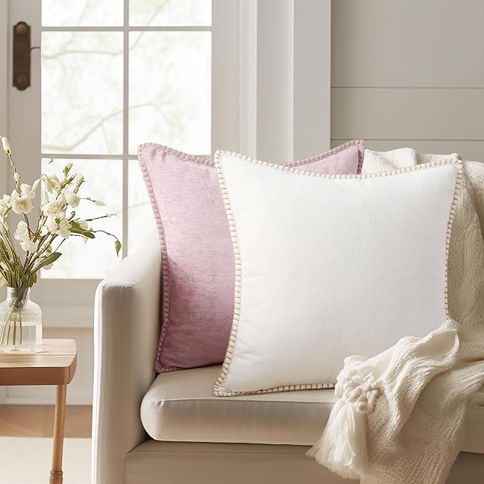 decorUhome Chenille Soft Throw Pillow Covers 26x26 Set of 2, Farmhouse Velvet Neutral Decorative Euro Pillow Covers with Stitched Edge for Couch Sofa Bed Home Decor, Cream White
